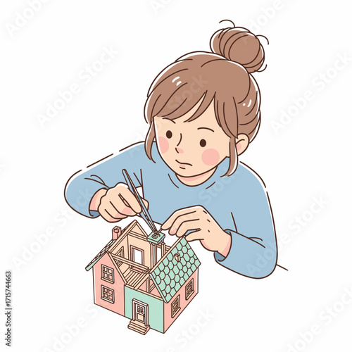 Cute Girl Making a Dollhouse A Fun Hobby with Scale Model and Creative Construction