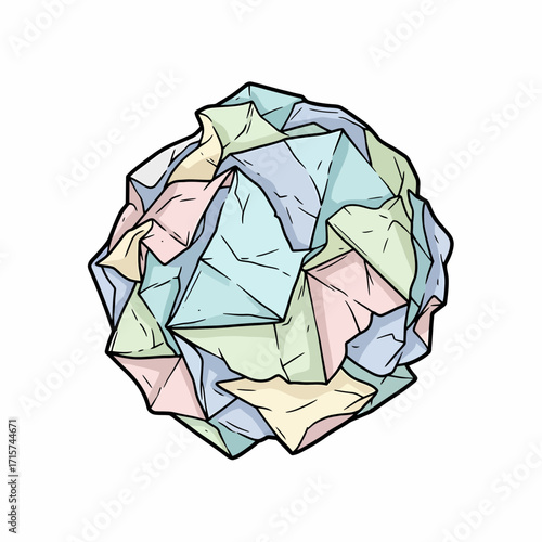 Hand-drawn colorful crumpled paper ball illustration representing discarded ideas
