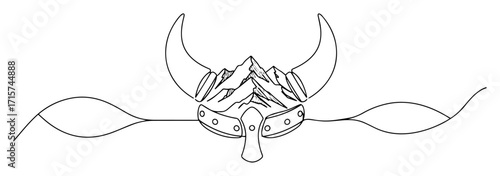 viking helmet with mountain inside monoline vector art