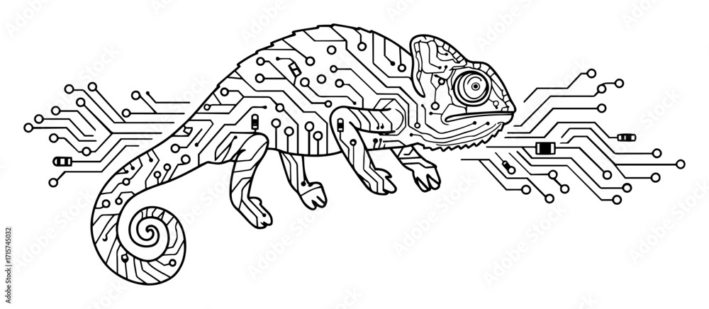 Fototapeta premium cyber chameleon made of circuits monoline vector art