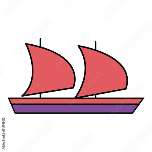 Flat vector sailing boat icon for sea travel, adventure, and tourism design.
