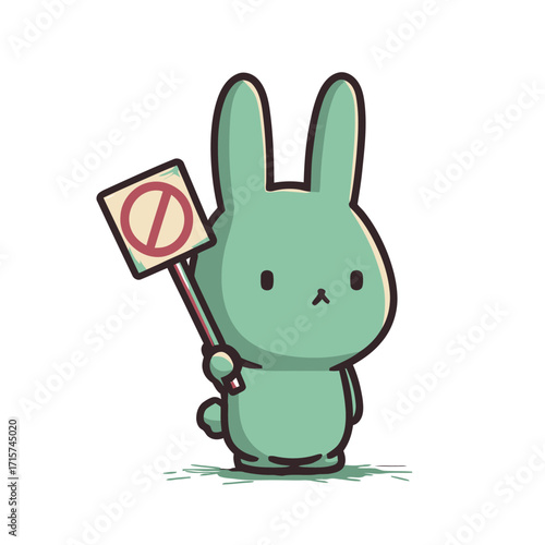 A charming green rabbit character stands in a grassy field, holding a sign with a no symbol, promoting a message of peaceful protest and awareness.