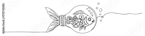 fish bowl with mechanical gears monoline vector art