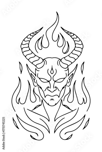 demonic face with curved horns monoline vector art