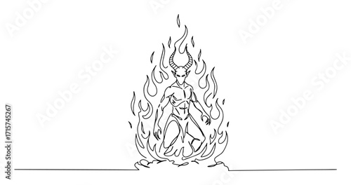 female demon rising from fire monoline vector art