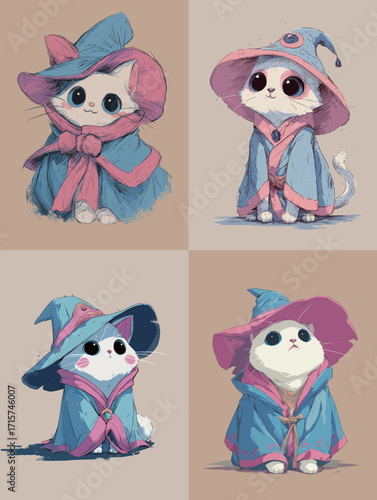 Four adorable cats are dressed in vibrant wizard hats and cloaks, each displaying a unique pose. Their big eyes and charming outfits bring a playful fantasy vibe.