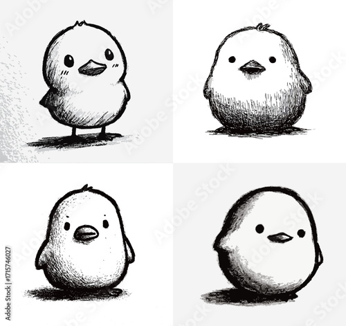 Four hand-drawn bird designs display adorable features and different poses. Each bird has its unique expression, emphasizing charm and simplicity in art.