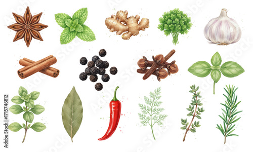 Watercolor Cooking Spices and Herbs Collection