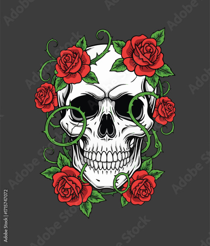 Floral Skull Vector T-Shirt, Gothic Rose Tattoo Inspired Tee