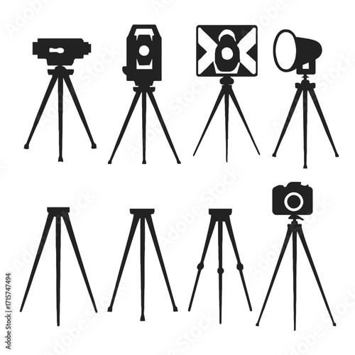 Tripod Silhouettes with Photography, Studio, and Surveying Equipment Icons