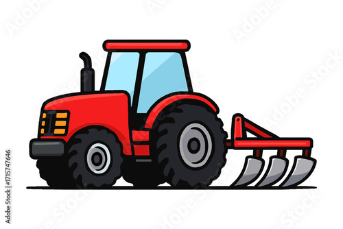 Red Farm Tractor with Plow Illustration