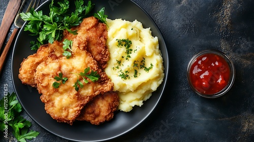 Deep fried chicken or schnitzel with mashed potatoes and pickled