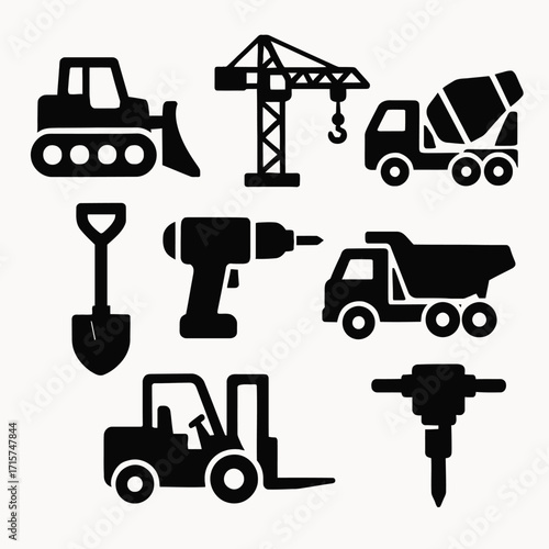Construction Vehicles and Tools Icon Set on White Background