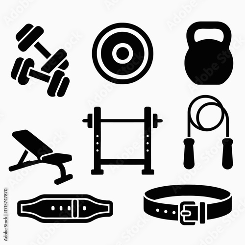 Gym and Fitness Equipment Icons Set - Strength Training and Workout Gear Silhouettes