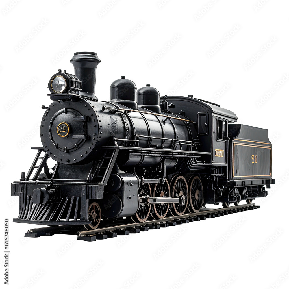 Naklejka premium Detailed black steam locomotive on tracks