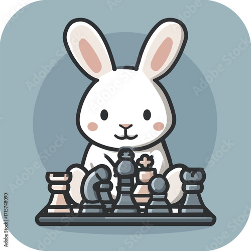 A cute white rabbit is seated at a chessboard, focused on the game. The board features various chess pieces in different positions, creating an engaging scene.