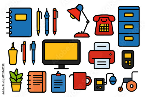 Diverse Collection of Flat Design Icons: Office, Stationery, and Healthcare Items