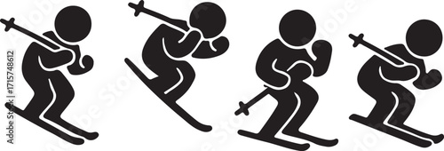 Skiing Silhouettes – Minimalist Vector Set of 4 Downhill Skiers in Action Poses, Black and White Flat Design