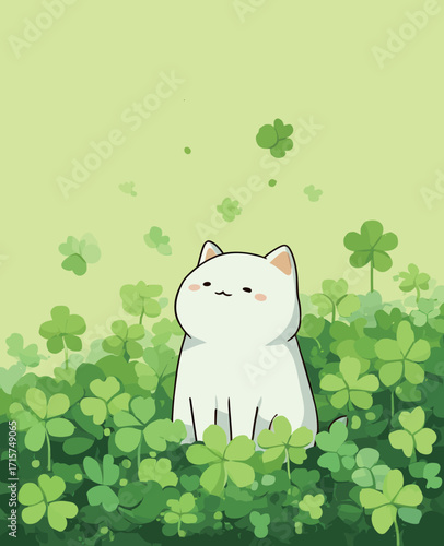 A white cat sits calmly amidst a vibrant patch of green clovers, surrounded by a tranquil atmosphere. The scene conveys a sense of peace and nature.