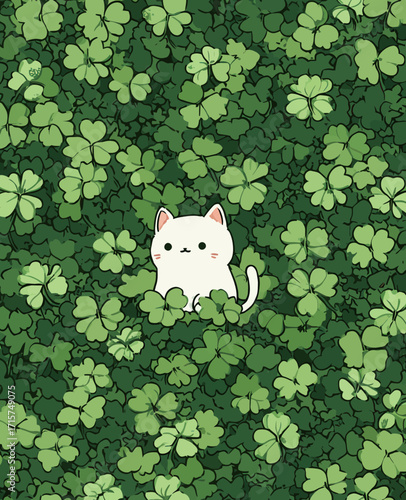 A small white cat peers through a dense patch of green clovers, its curious expression brightening the natural scene under soft sunlight.