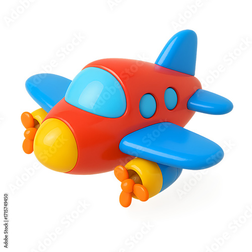 Colorful red blue and yellow plastic toy airplane with propellers.