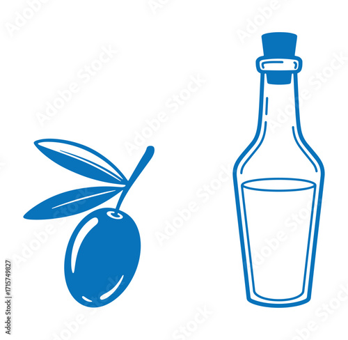 Blue vector illustration of olive branch and olive oil bottle isolated on white background