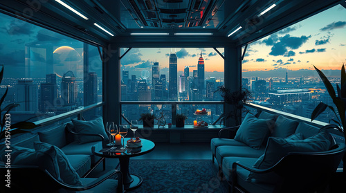 A cozy spot to relax on a balcony against the backdrop of a new futuristic metropolis with skyscrapers
