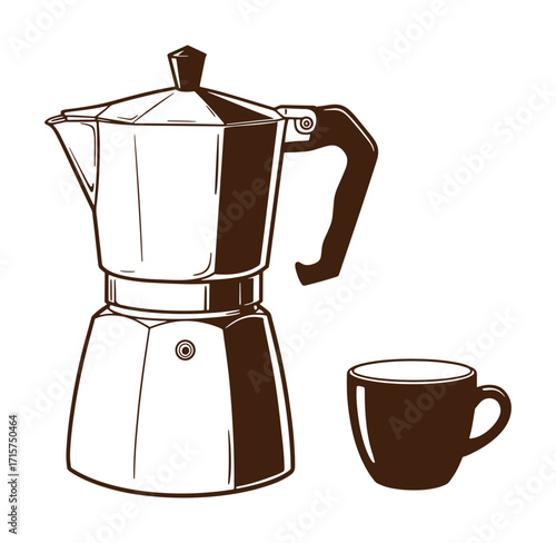 Classic italian moka pot and coffee cup vector illustration on white background