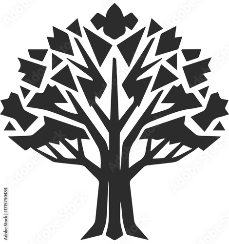  Icon of a beautiful tree with leaves, icon of an oak tree in the form of a black silhouette with sharp leaves.
