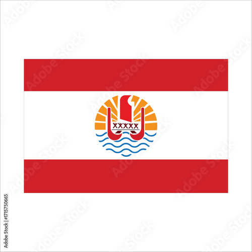 Waving flag of french polynesia featuring a red outrigger canoe and stylized sun