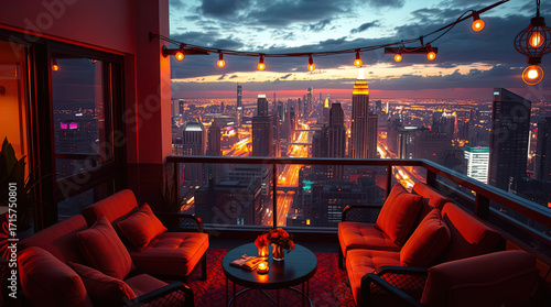 A cozy spot to relax on a balcony against the backdrop of a new futuristic metropolis with skyscrapers