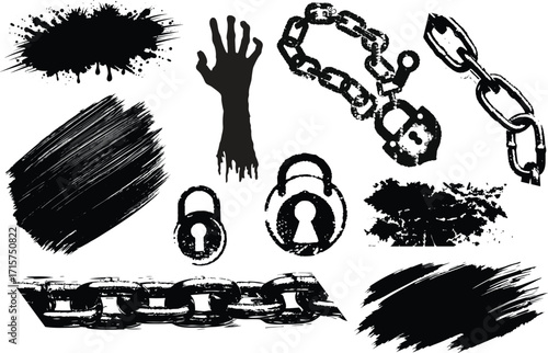 Grunge black and white illustration of raised fist with broken Chain, Lock, brush, horror hand, slash vector illustration symbol of freedom and resistance For urban art design