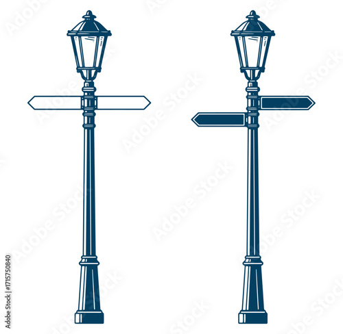 Classic vintage street lamps with directional signage isolated on white background