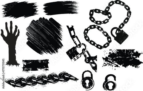 Grunge black ink Broken Chain. Lock, brush, horror hand, slash, vector illustration symbol of freedom and resistance For urban art design