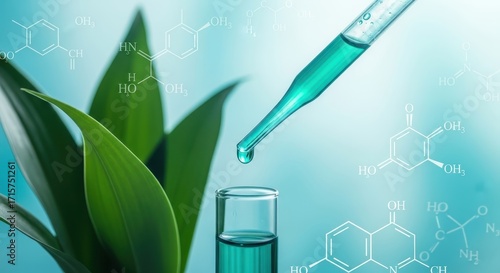 Plant extract being tested in laboratory with chemical formulas in background