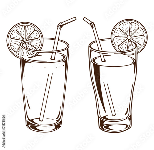 Elegant vector illustration of two refreshing lemonade glasses with slices and straws