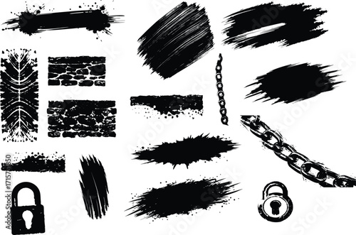 Broken Chain. Lock, brush, horror hand, slash, vector illustration or urban art design
