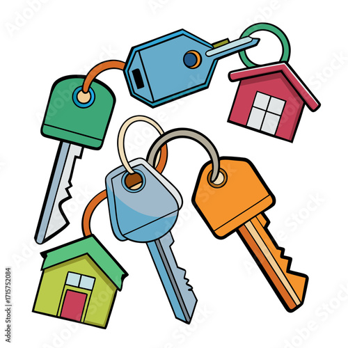 Colorful cartoon house keys and keychains representing home ownership and security