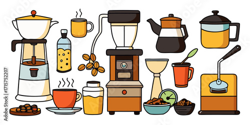 Collection of coffee making appliances and related items in a flat design style