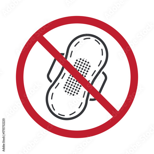 Isolated prohibition sign showing do not flush sanitary products down the toilet, hygiene instruction label for restroom, plumbing, and environment safety.