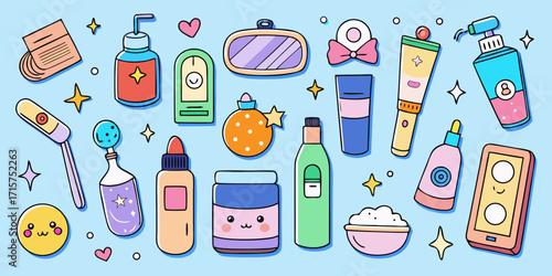 Cute kawaii skincare and beauty products collection with stars and hearts