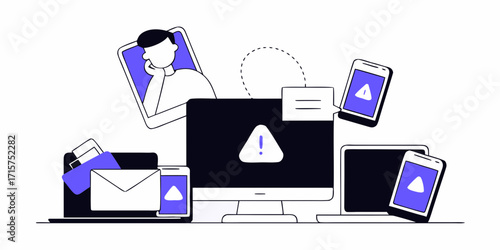 Frustrated person overwhelmed by multiple devices displaying error messages and notifications