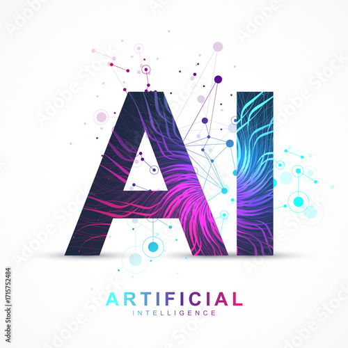 Artificial intelligence and machine learning vector concept in neural network. ai web banner design with human face. wave flow communication. digital network for artificial intelligence deep learning
