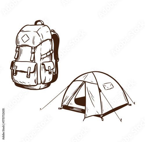 Hand drawn illustration of camping gear including backpack and tent for outdoor adventures