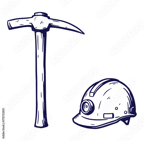 Hand drawn illustration of a pickaxe and mining helmet on a clean white background