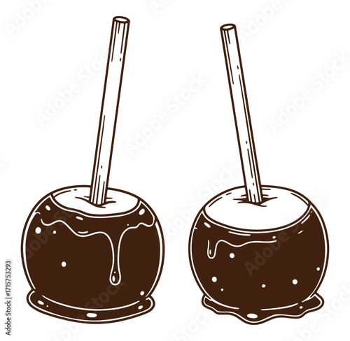 Hand drawn illustration of two caramel apples on a stick perfect for halloween and celebrations