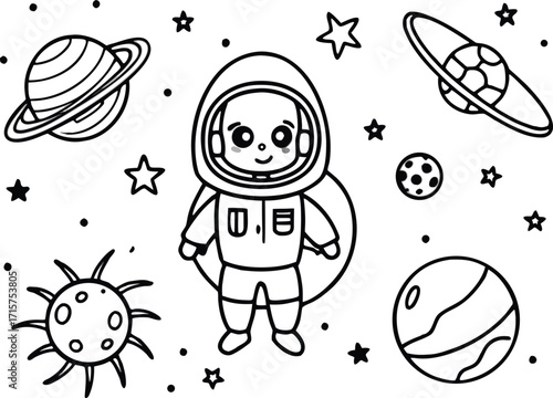 Cute Astronaut in Space with Planets and Stars Illustration
