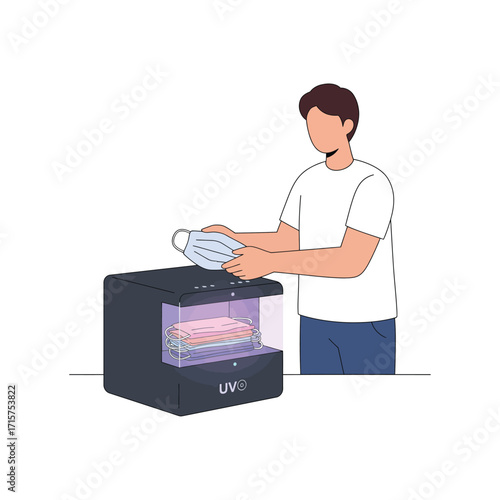 Vector art of man sterilizing a face mask using a uv light sanitizer box