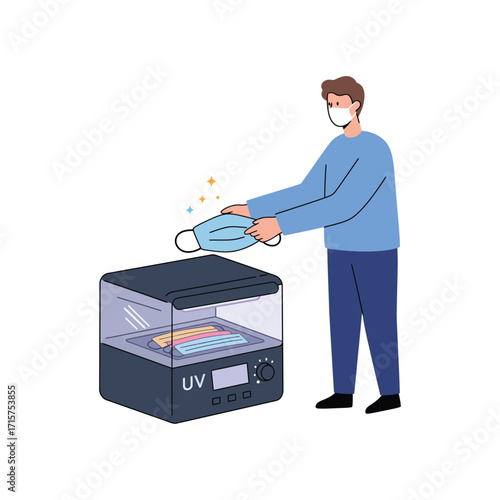 Vector art of man wearing mask sanitizing another mask in a uv sterilizer box
