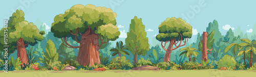 A vibrant forest area showcases tall trees, various plants, and lush greenery. The scene features bright colors and a peaceful atmosphere, inviting exploration.